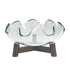 Clear Floral Inspired Decorative Serving Bowl with Bronze Hammered Y-Shaped Stand