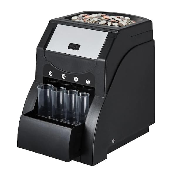 Anqtovp USD Coin Sorter Machine with 200 Coin Capacity and 4 Coin Tubes for Pennies, Nickels, Dimes and Quarters, Black