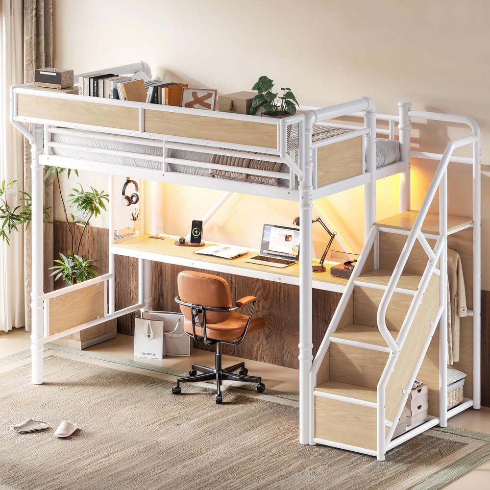 White Twin-XL Metal Loft Bed with Desk and Power Outlet, LED Strip, Pegboard and Mesh Baskets, Storage Stairs, Wardrobe price history on PriceWatchPro
