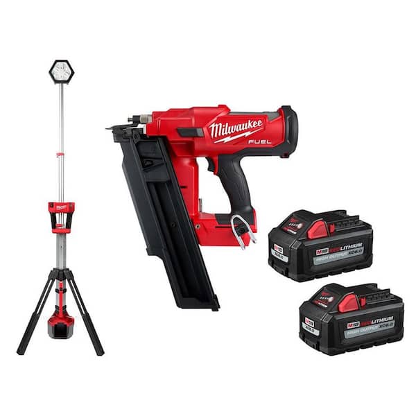 Milwaukee M18 18-Volt Lithium-Ion Cordless Tower Light w/3-1/2 in. 21-Degree Framing Nailer, Two 6Ah HO Batteries