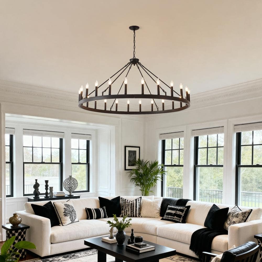 53.15 in. 24-Light Matte Black Wagon Wheel Chandelier with Adjustable Height (No Bulbs) price history on PriceWatchPro