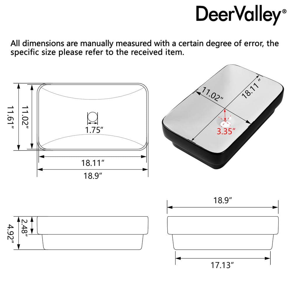DeerValley Ally 19'' x 12'' Drop-In Bathroom Sink Semi-Recessed Vessel Sink Rectangular Above Counter Basin