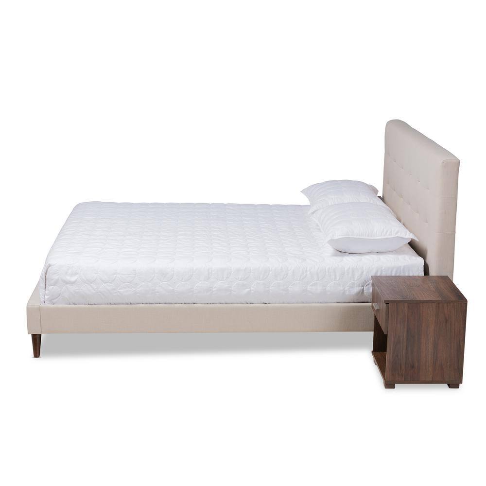 Maren Mid-Century Beige Fabric Queen Platform Bed with Nightstands