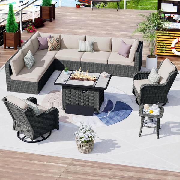 OVIOS HOPPISH Gray 9-Piece Wicker Patio Rectangle Fire Pit Conversation ...