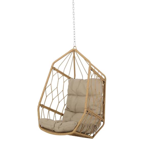 Noble House Ricketson 49 in. Light Brown Hanging Basket Chair with Tan Cushions (No Stand)