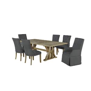 Kara 7-Piece Gray Linen Fabric Wooden Top Dining Set with Side Chairs and Arm Chairs.