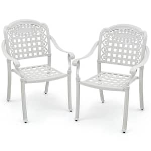 2pcs White Patio Cast Aluminum Armrest Chairs Stackable Outdoor Dining Chairs