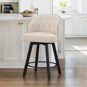 26 in. Linen Fabric Metal Frame Upholstered Counter Height Swivel Bar Stools With Bronze Rivets
