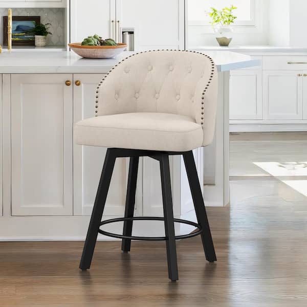 LUE BONA 26 in. Linen Fabric Metal Frame Upholstered Counter Height Swivel Bar Stools With Bronze Rivets