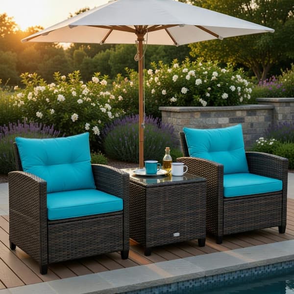 3-Piece Rattan Patio Set—Sofas with Cushions & Glass Table, Turquoise.