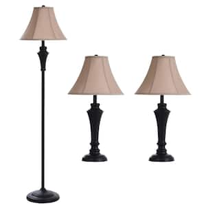 61 in. Bronze Wood Shade Lamp Set with Geneva Taupe Fabric Shade (3-Piece)