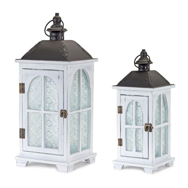 HomeRoots White, Black Metal Candle Lantern Set of 2-Pack