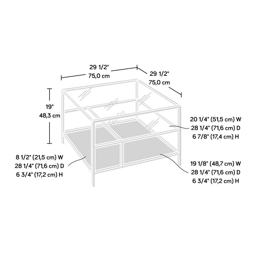 Satin Gold Square Coastal Glass Coffee Table with Abstract Shelves