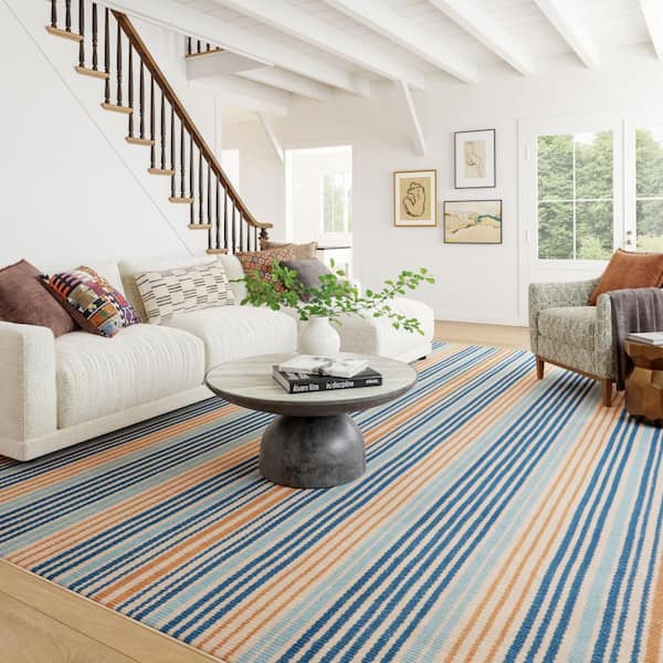 6 ft. x 9 ft. Blue Stockholm Striped Machine Washable Indoor Area Rug