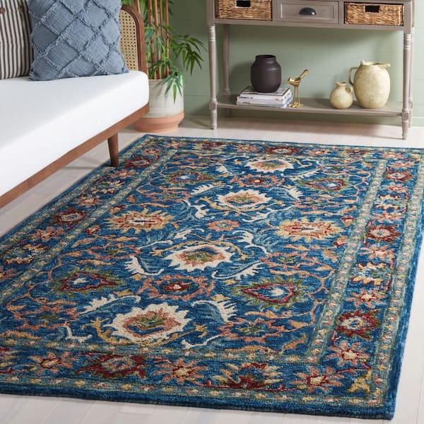 Blossom 6 ft. x 9 ft. Blue/Green Border Ornate Area Rug
