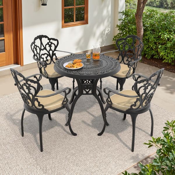 Willit Lily Black 5-Piece Cast Aluminum Outdoor Dining Set with Round Table and Dining Chairs with Off-white Cushion