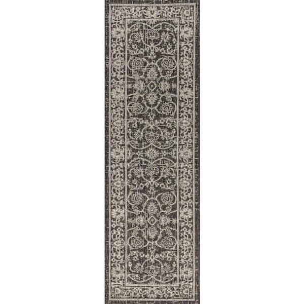Palazzo Black/Gray 2 ft. x 10 ft. Vine and Border Textured Weave Indoor/Outdoor Runner Rug