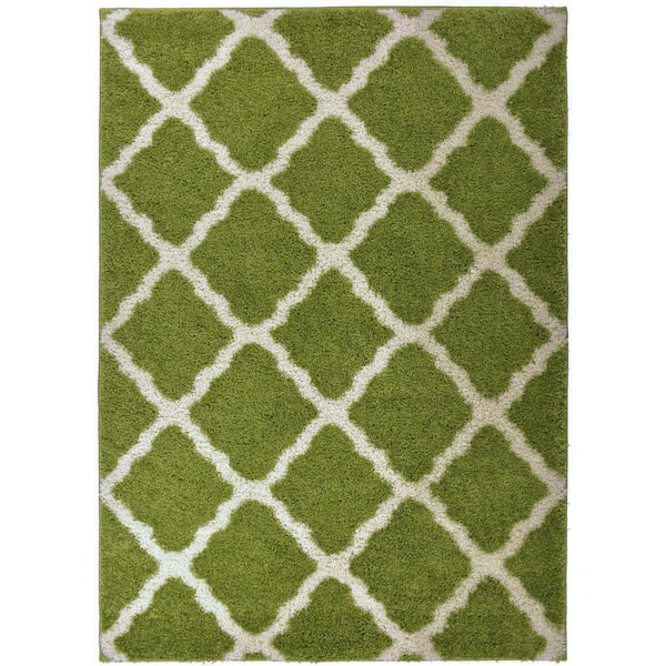 Shaggy 5 ft. x 7 ft. Green Trellis Lattice Design Synthetic Rectangle Area Rug