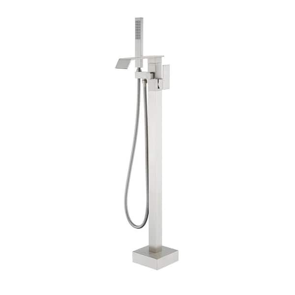 Single Handle Floor Mount Bathtub Faucet Freestanding Tub Filler Standing Shower Faucets with Handheld Shower in Nickel