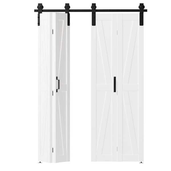 60 in. x 84 in. (30 in. x 2) K-Shaped Bi-Fold MDF White Pre-drilled Sliding Barn Door with Hardware Kit Set