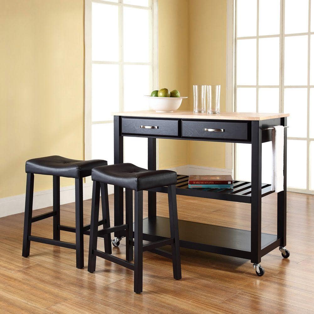 Natural Wood Top Black Kitchen Cart with Wine Rack and Stools