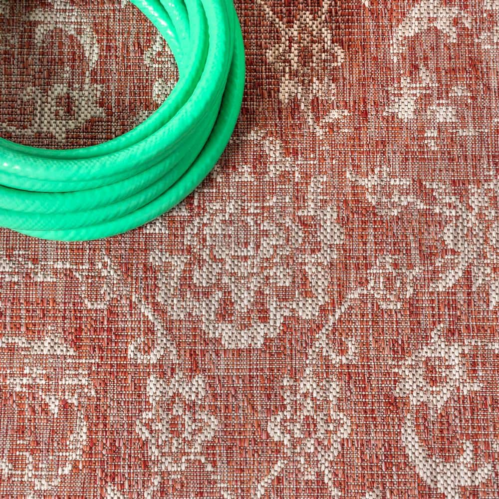 Red and Taupe Floral Synthetic 5' x 8' Reversible Rug