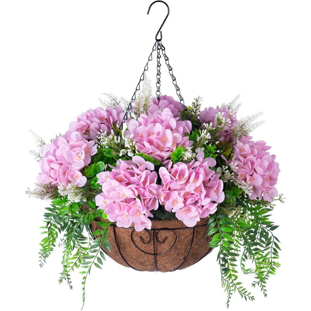 21.3 in. Pink Outdoor Artificial Hydrangea Flowers in Hanging Basket