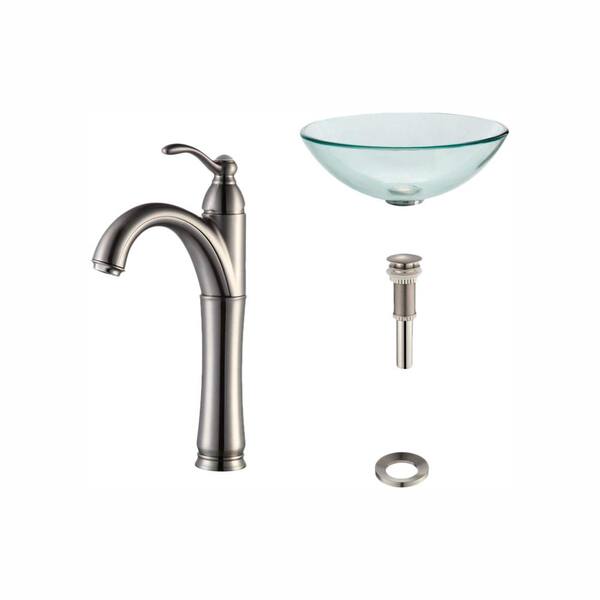 KRAUS Glass Vessel Sink in Clear with Riviera Faucet in Satin Nickel