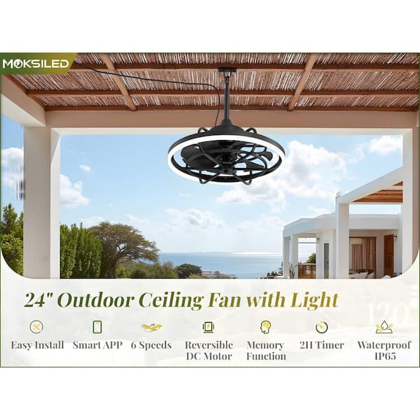 24 in. Outdoor IP65 Wet-rated Black Downrod Mount Caged Ceiling Fans with Lights for Porch with Remote Control andAPP