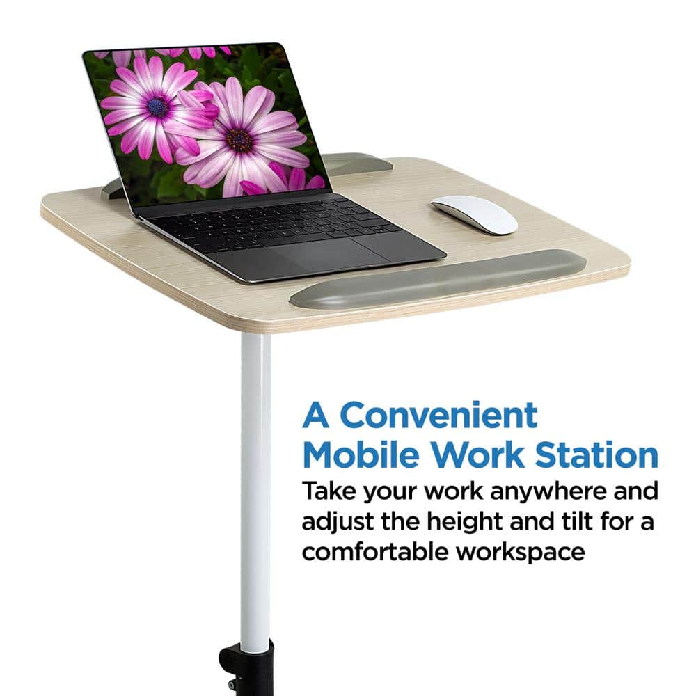White Adjustable Height Laptop Cart with Drawer and Casters