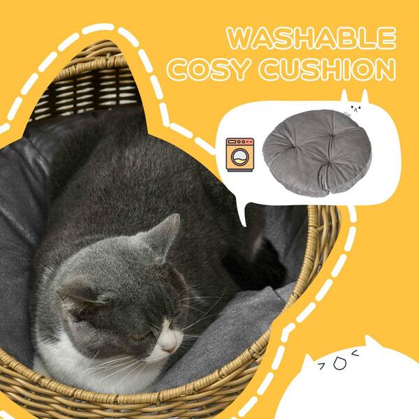 thumbnail image 2 of PawHut Wicker Cat Bed With Cushion - Elevated Rattan Pet Bed For Indoor Cats, Light Brown 2 of 9