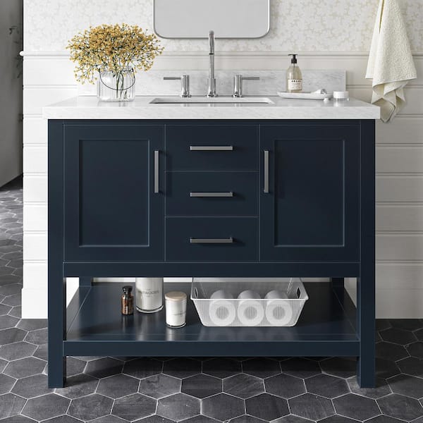 ARIEL Bayhill 43 in. W x 22 in. D x 36 in. H Bath Vanity in Midnight Blue with Carrara White Marble Top