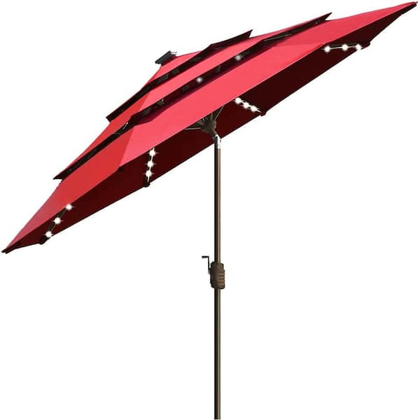 Terracemaster 10-Year-Non-Fading Sunumbrella Solar 9 ft. 3-Tiers Market Umbrella w/80 LED Lights Patio Umbrellas Logo Red
