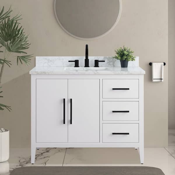 42 in. W x 22 in. D x 34 in. H Single Sink Bathroom Vanity Cabinet in White with Engineered Marble Top