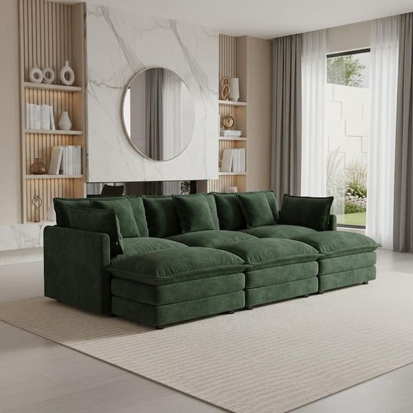 HEAT 111.5 in. Track Arm 6-Piece Chenille Sectional Sofa with 3 Reversible Ottomans and Pillows, in Pine Green
