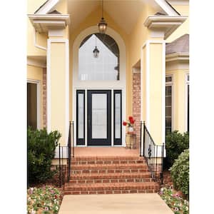 60 in. x 80 in. Right-Hand Full Lite Eastfield Decorative Glass Black Steel Prehung Front Door with Sidelites