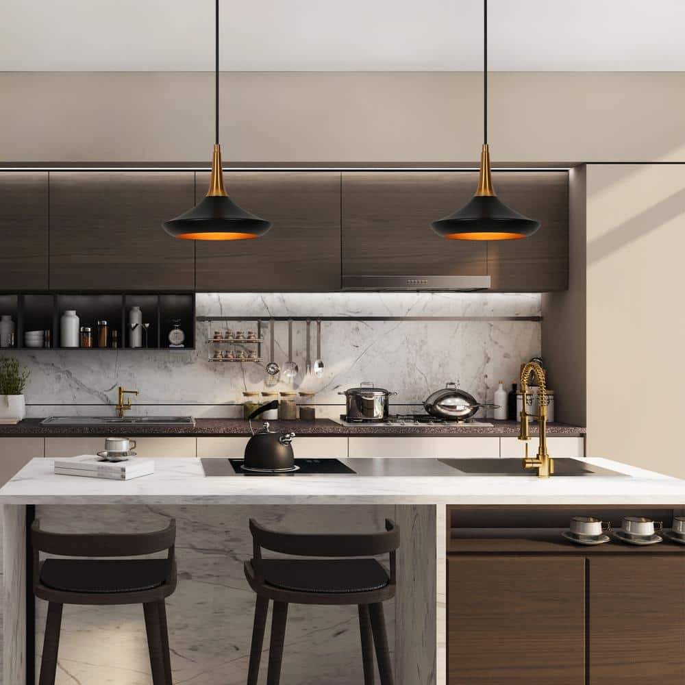 Matte Black and Brass Mini Pendant Light with Glass Shade