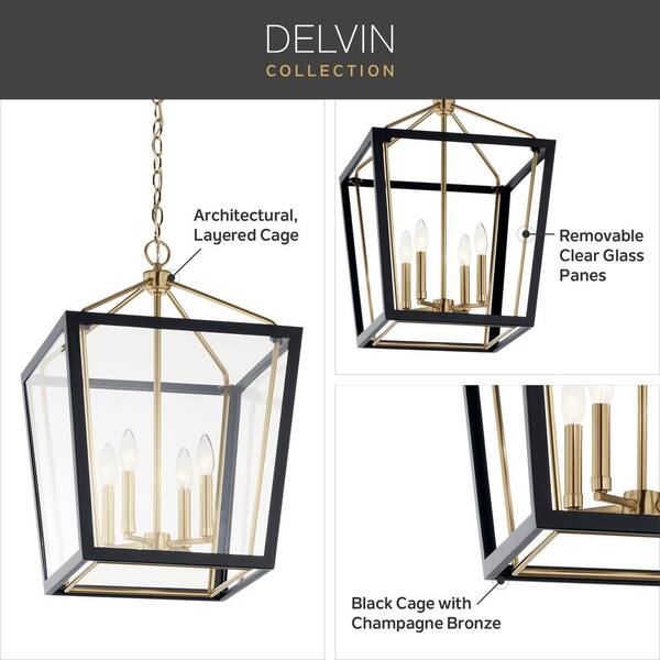 Kichler Delvin 4-Light Champagne Bronze with Black Traditional Clear Glass Lantern Led, Medium Hanging Pendant Light