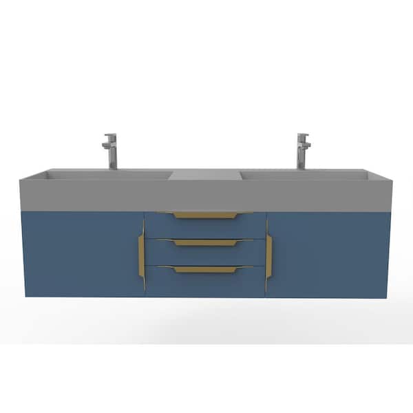 60 in. W x 19 in. D x 19.25 in. H Double Sink Floating Bath Vanity in Matte Blue with Gold and Solid Surface Gray Top