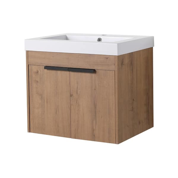 Boosicavelly 23.90 in. W x 18.20 in. D x 21.50 in. H Single Sink Wall-Mounted Bath Vanity in Imitative Oak with White Resin Top