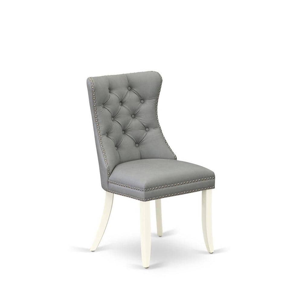 Linen White Round Pedestal Dining Table with 4 Gray Upholstered Parson Chairs