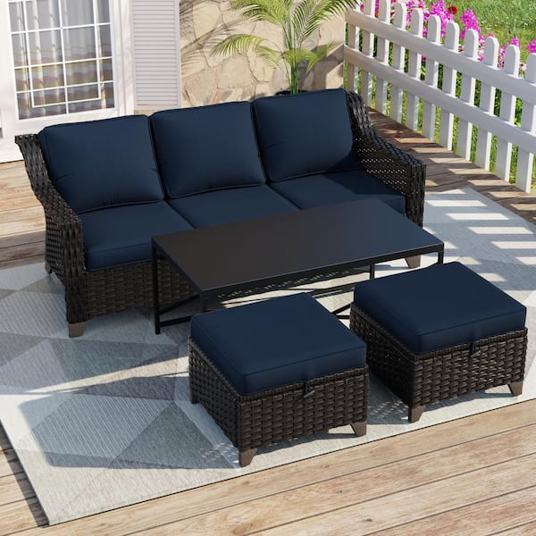 JOYSIDE 4-Piece Wicker Outdoor Patio Conversation Set with Blue Cushions and Ottoman