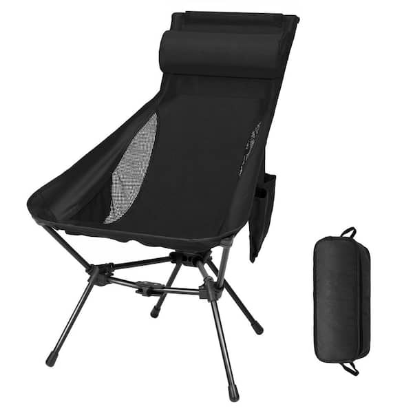 Angel Sar Black Light-Weight Folding High Back Camping Chair wirh Headrest and Side Pocket