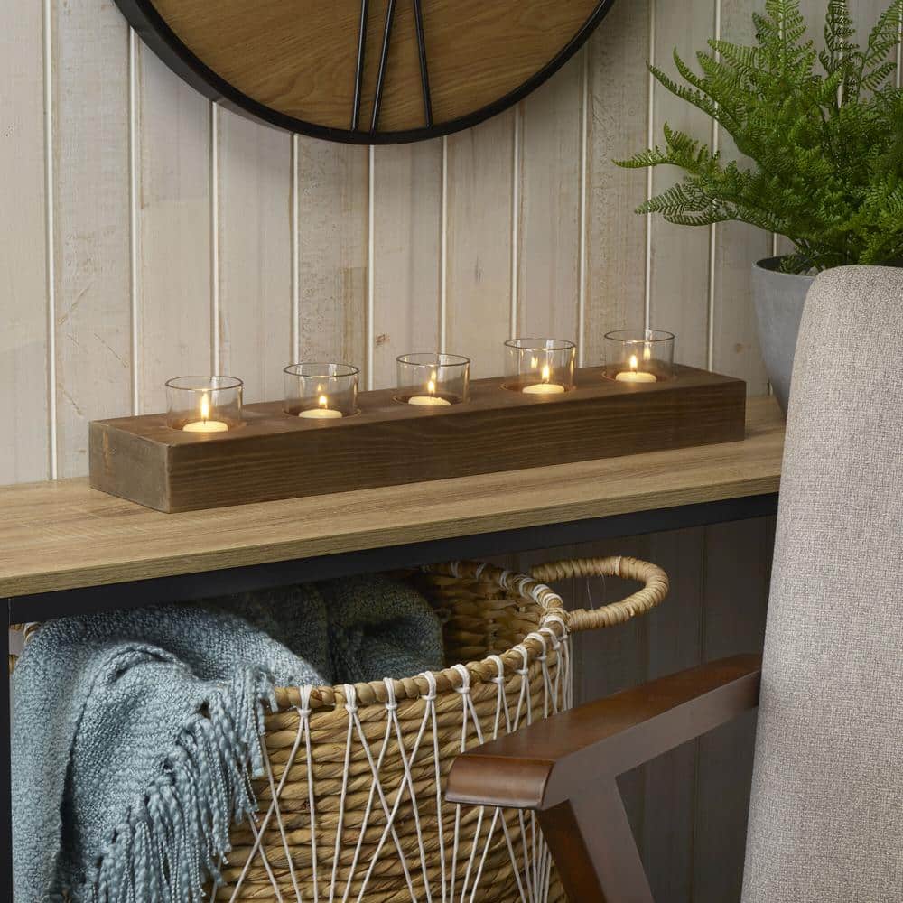 Rustic Natural Wood and Glass 23" Linear Candle Holder