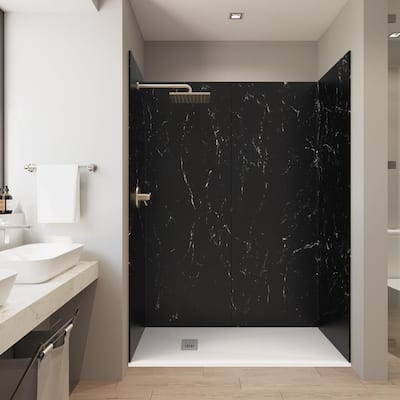 Bold Series- 60in.x32in.x84in. Alcove Solid Composite Stone Shower Kit-Dark Shower Walls L/R-16 in.WH Sl Shower Pan Base