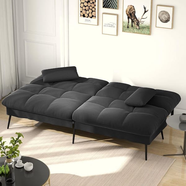 Black Fabric Futon Couch with Adjustable Backrest Convertible Futon Sofa Bed with Metal Legs Convertible Sofa Bed