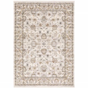 Ivory and Grey 3 ft. x 5 ft. Oriental Power Loom Stain Resistant Fringe with Area Rug