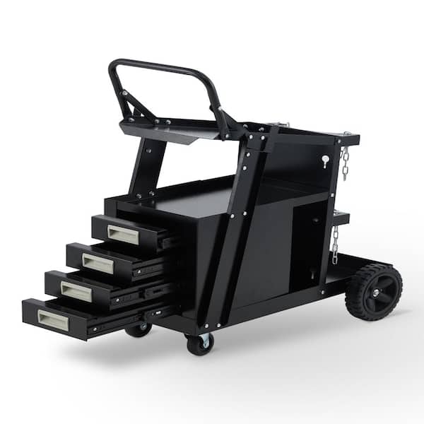 3-Tier Steel Welding Cart with 4-Drawer Soldering Station, Gas Cylinder Storage, Anti-Tip, 360° Swivel Casters