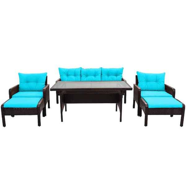 Outdoor 6 Piece Patio Set PE Wicker Rattan Dining Table Sectional Sofa Set with Cushions and Tempered Glass Tea Table - Blue/Brown Frame