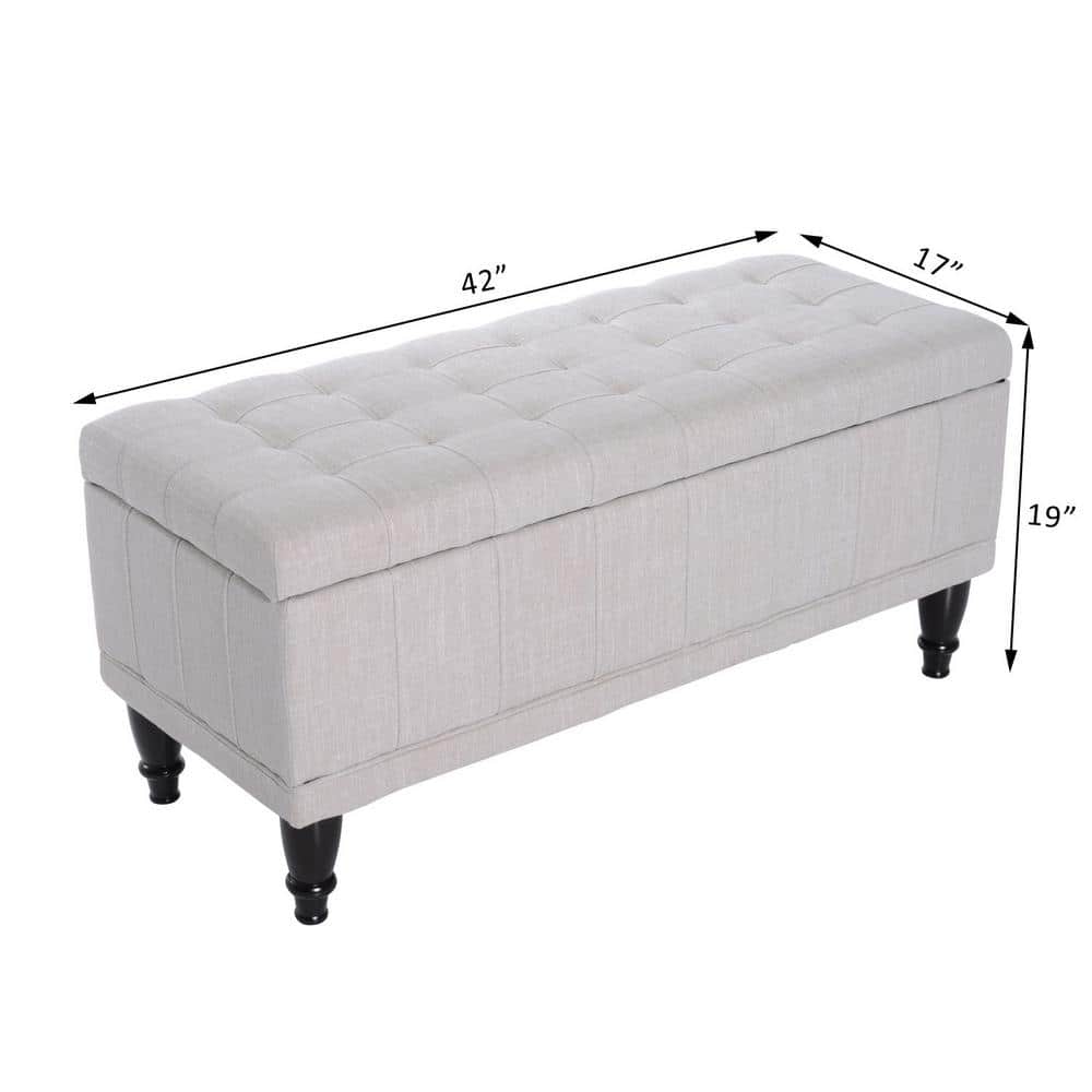 Beige Linen Tufted Storage Ottoman Bench with Hardwood Legs